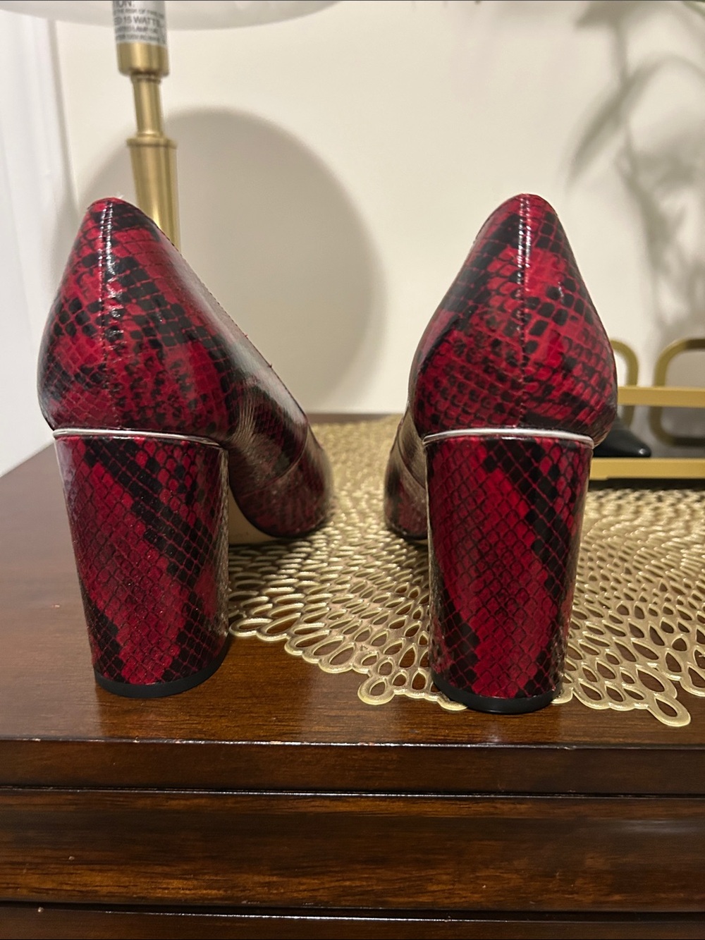 Marc Fisher Red and Black Snake-Print Block Heel Pumps - Picture 4 of 5